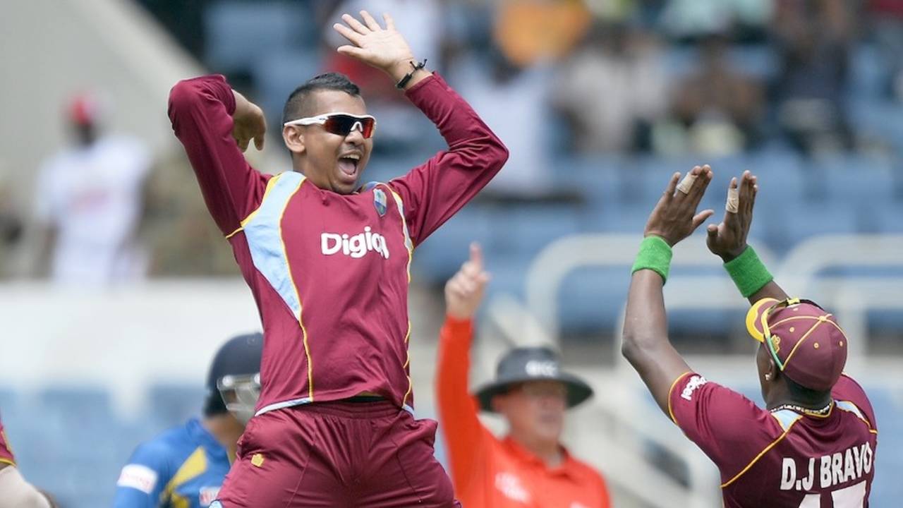 Sunil Narine is ecstatic after dismissing Mahela Jayawardene, West Indies v Sri Lanka, 1st ODI, Kingston, June 28, 2013