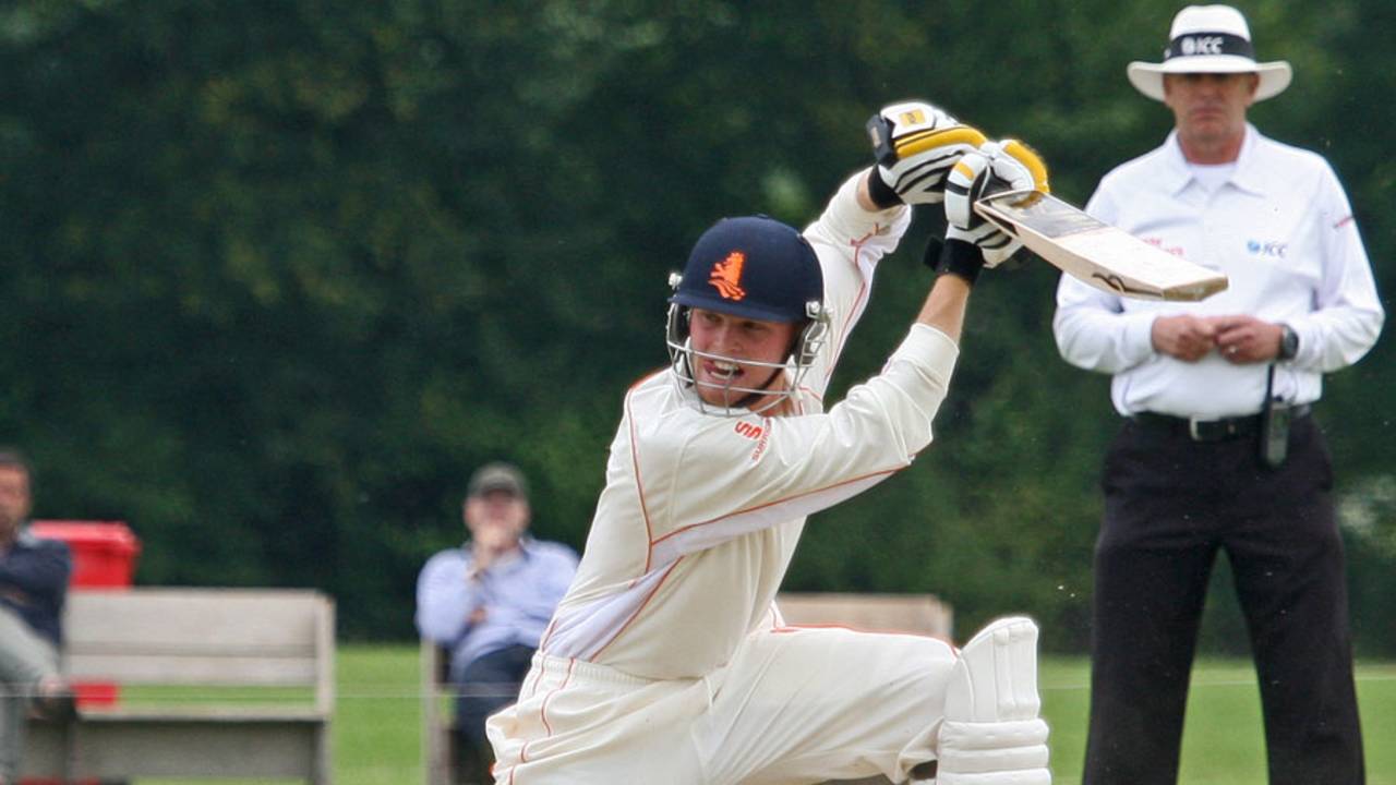 Tim Gruijters hits the ball over point, Netherlands v Ireland, ICC Intercontinental Cup, 2nd day, Deventer, July 2, 2013