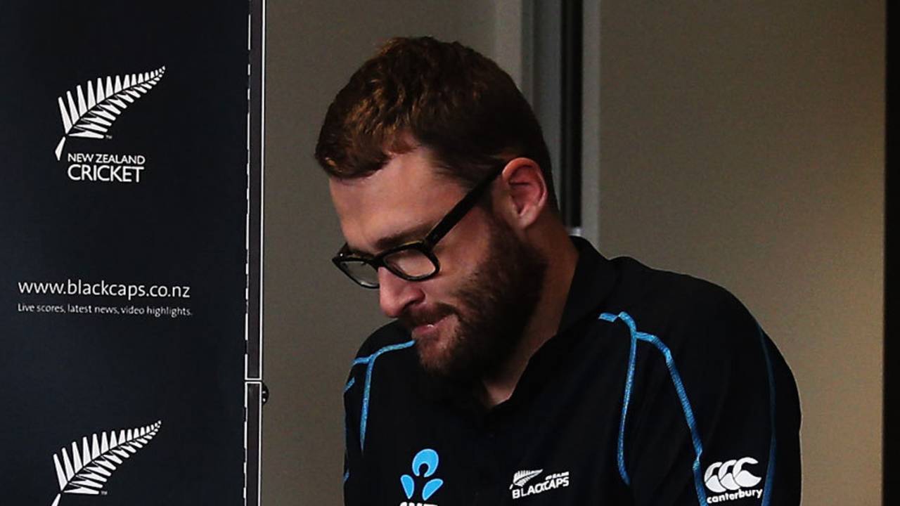 Daniel Vettori arrives on crutches for a press conference, Auckland, July 5, 2013