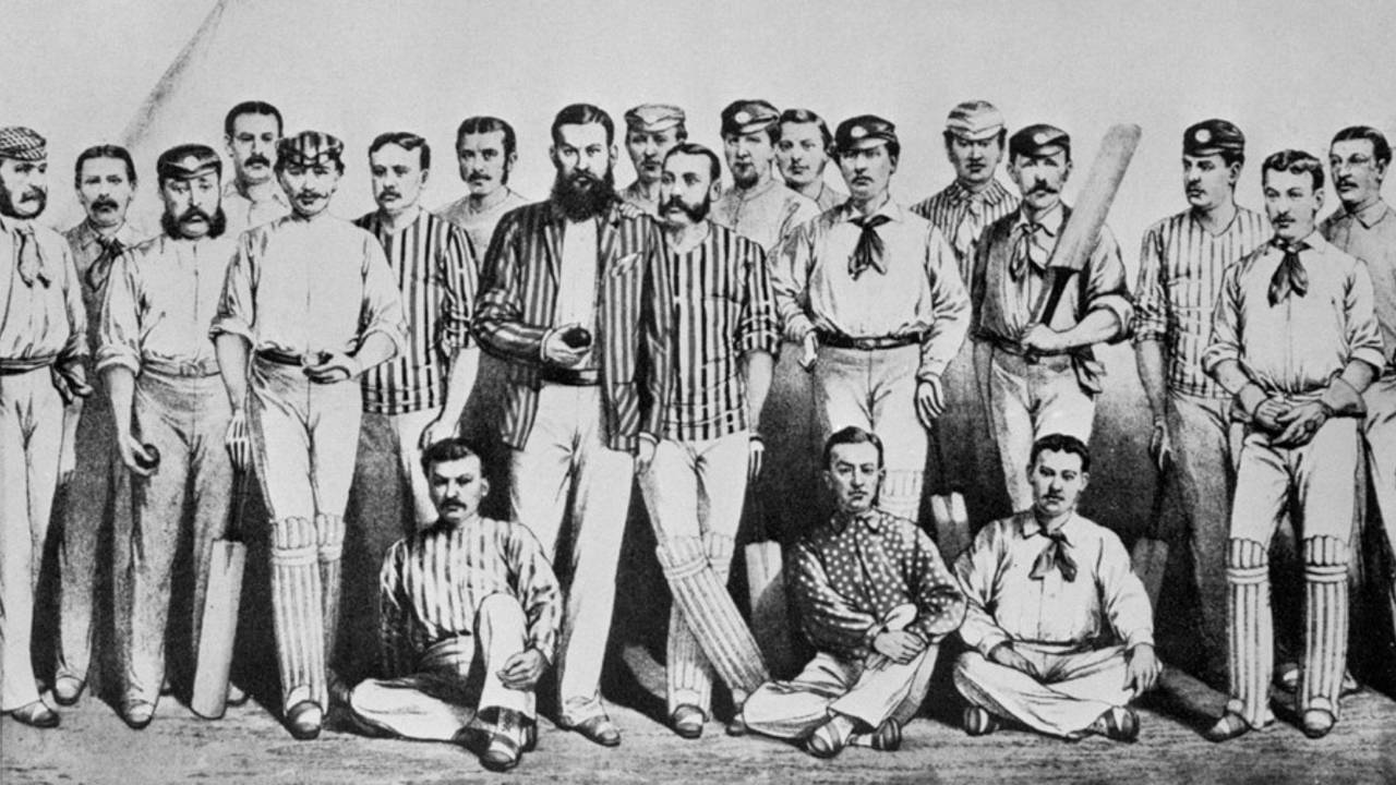 The England cricket team in 1880. Left to right: James Lillywhite, John Selby, Alfred Shaw, George Ulyett, Lord Harris, Walter Gilbert, Harry Jupp, Albert Hornby, W.G Grace, Bunny Lucas, G.F Grace, William Oscroft, Allan Gibson Steel, Ted Pooley, Richard Daft, Alexander Webbe, Tom Emmett, Billy Bates, Ephraim Lockwood, Richard Pilling and Fred Morley.