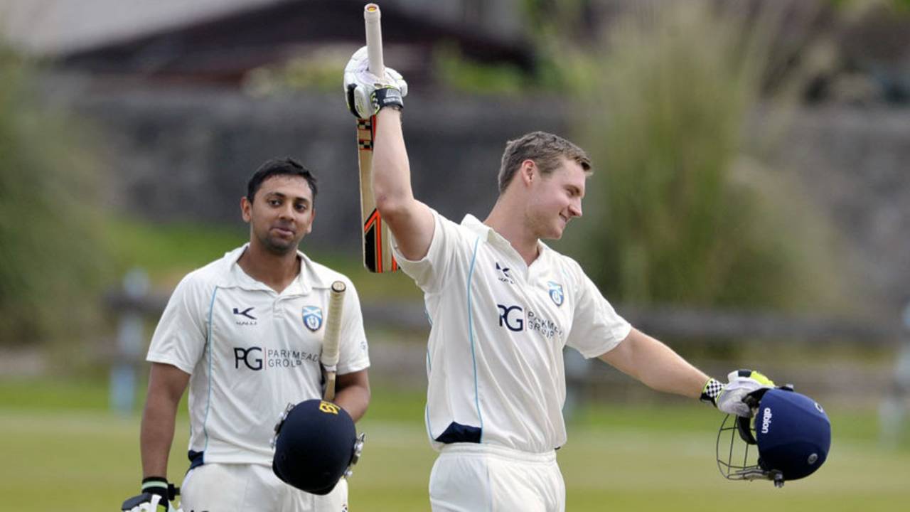 Ewan Chalmers celebrates his maiden first-class hundred, Scotland v Kenya, ICC Intercontinental Cup, 3rd day, Aberdeen, July 9, 2013
