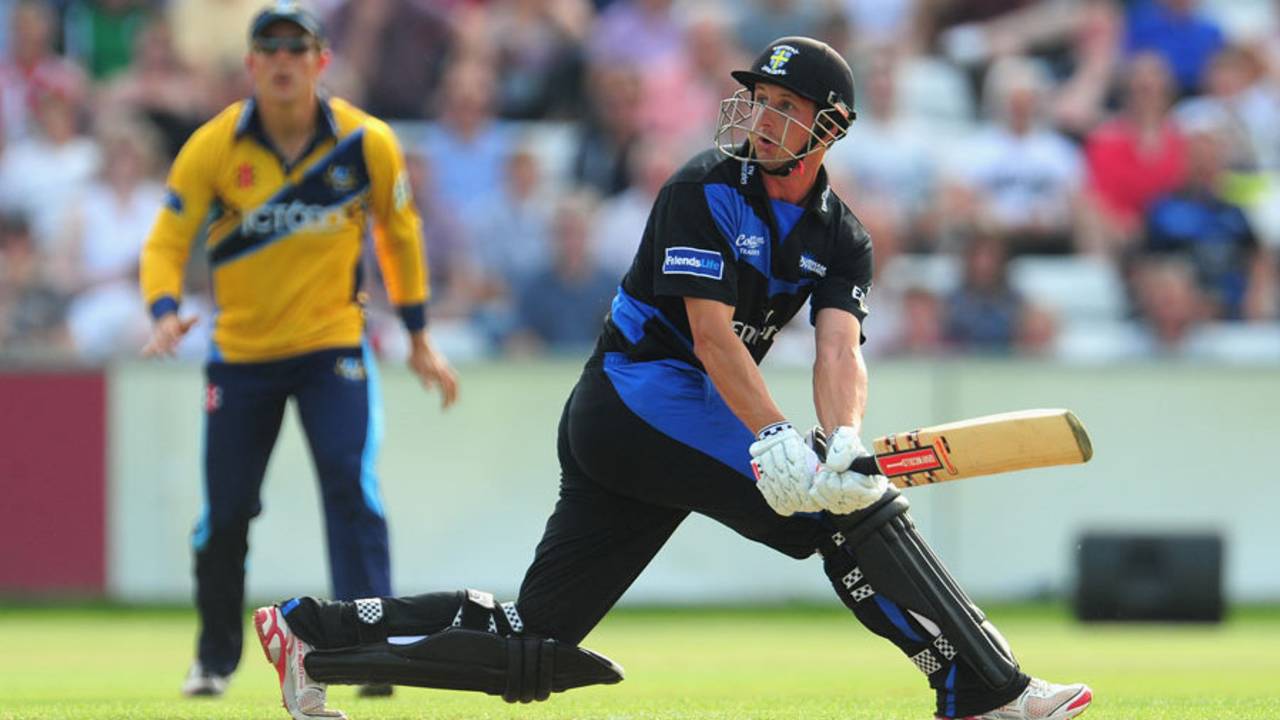 Phil Mustard sweeps during his 52-ball innings, Durham v Yorkshire, FLt20 North Group, Chester-le-Street, July 12, 2013