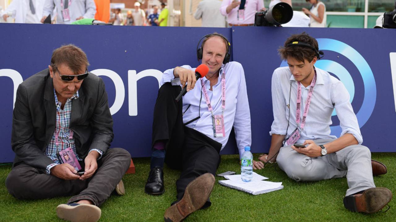 BBC <i>Test Match Special</i>'s Phil Tufnell, Jonathan Agnew and Henry Moeran (from left) sit by the boundary, first Test, England v Australia, Trent Bridge, July 14, 2013
