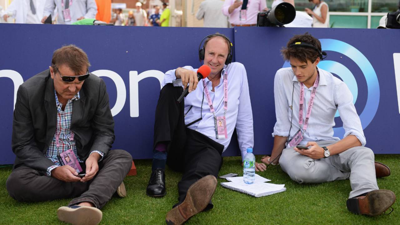 <i>Test Match Special</i>'s Phil Tufnell, Jonathan Agnew and Henry Moeran (from left) sit by the boundary
