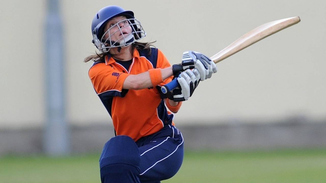 Helmien Rambaldo lofts one into the air, Netherlands Women v Sri Lanka Women, ICC Women's World Twenty20 Qualifiers, 2nd semi-final, Dublin, July 29, 2013