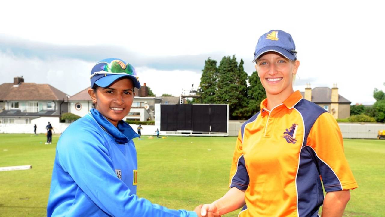 Captains Shashikala Siriwardene and Denise Hannema during the toss, Netherlands Women v Sri Lanka Women, ICC Women's World Twenty20 Qualifiers, 2nd semi-final, Dublin, July 29, 2013