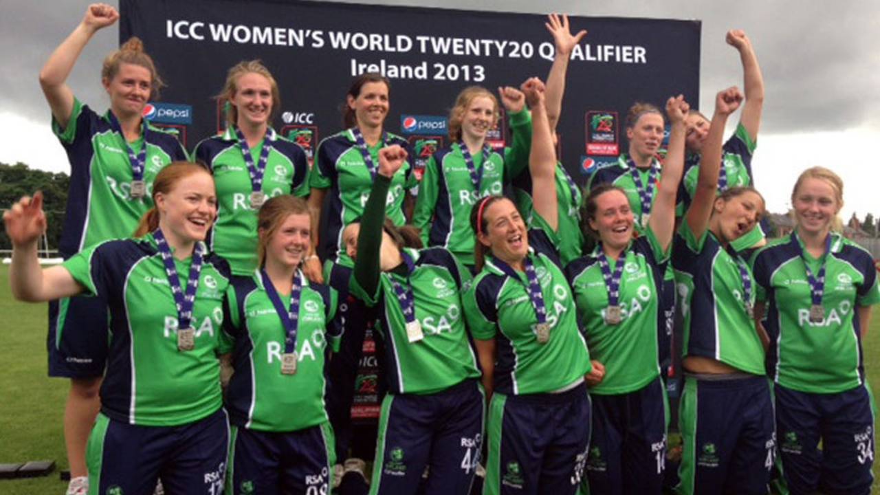 Ireland celebrate after qualifying for the 2014 World Twenty20, Ireland v Netherlands, ICC Women's World Twenty20 Qualifier, third-place playoff, Dublin, August 1, 2013
