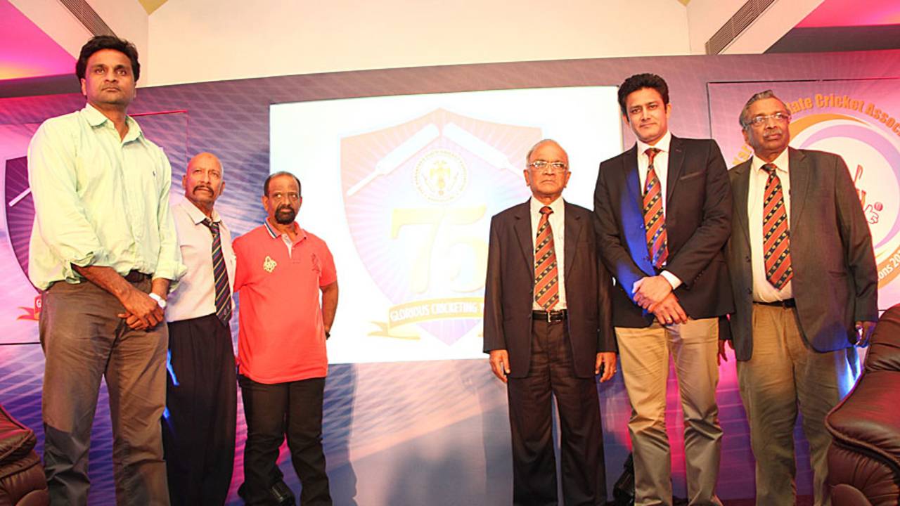 Javagal Srinath, Syed Kirmani, Gundappa Viswanath, and Anil Kumble at the KSCA platinum jubilee celebrations, Bangalore, August 7, 2013