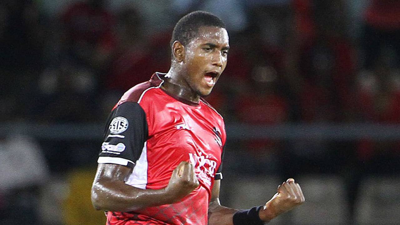 Delorn Johnson celebrates a strike, Barbados Tridents v Guyana Amazon Warriors, Caribbean Premier League, Port-of-Spain, August 11, 2013
