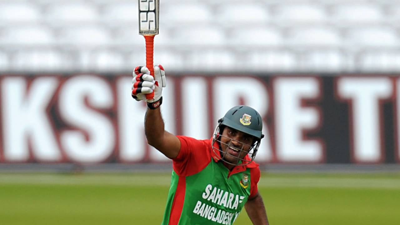 Ziaur Rahman celebrates his 67-ball hundred, Nottinghamshire v Bangladesh A, Tour Match, Trent Bridge, August 14, 2013