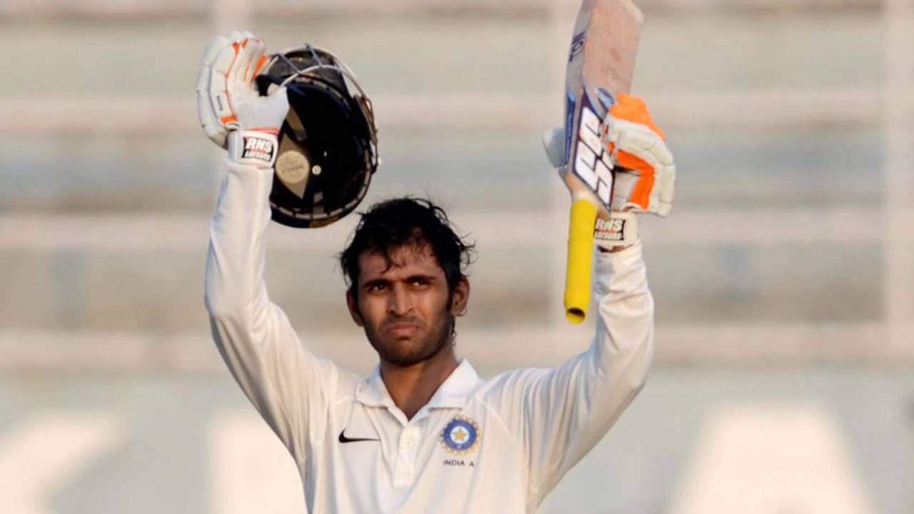 Abhishek Nayar raises his bat after reaching a century, India A v New Zealand A, 1st unofficial Test, day 3, Visakhapatnam, August 30, 2013