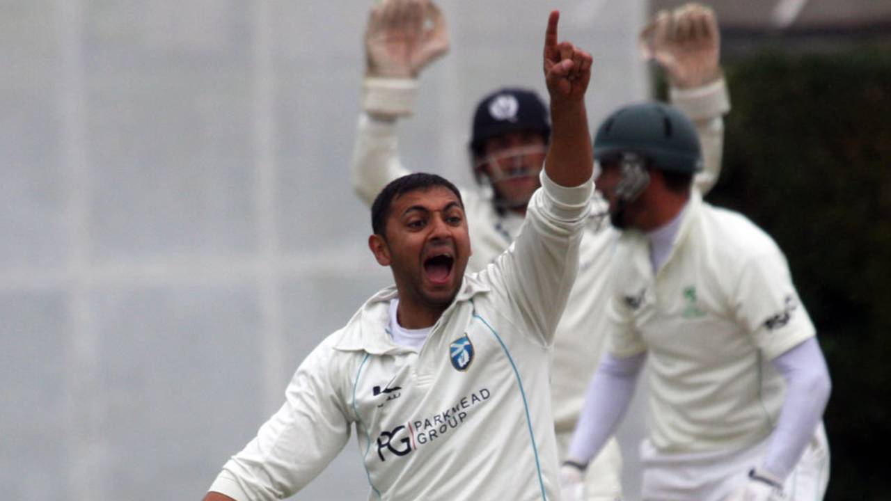 Moneeb Iqbal appeals for a wicket, Ireland v Scotland, ICC Intercontinental Cup, 3rd day, Dublin, September 13, 2013