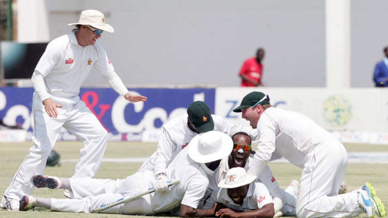 The Zimbabwe players couldn't control their joy after securing their first Test victory since 2001 against a team other than Bangladesh, Zimbabwe v Pakistan, 2nd Test, Harare, 5th day, September 14, 2013