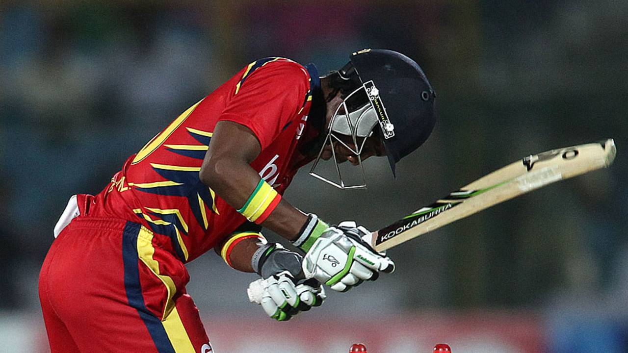 Thami Tsolekile loses his middle stump to James Faulkner, Lions v Rajasthan Royals, Group A, Champions League 2013, Jaipur, September 25, 2013