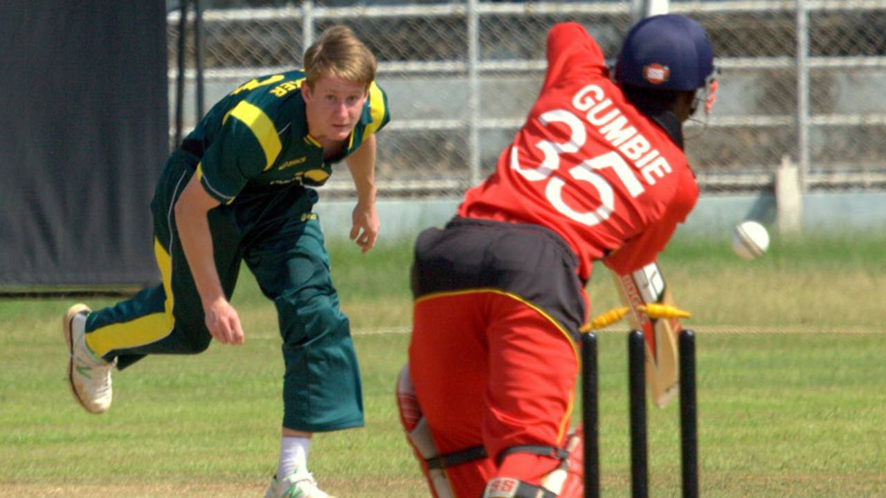 Joylord Gumbie is bowled by Guy Walker, Australia Under-19s v Zimbabwe Under-19s, 3rd place play-off, Visakhapatnam, October 5, 2013 