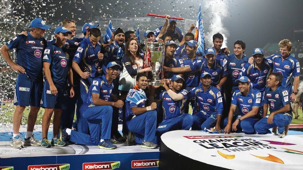 Mumbai Indians pose with the Champions League trophy, Mumbai Indians v Rajasthan Royals, Final, Champions League 2013, Delhi, October 6, 2013
