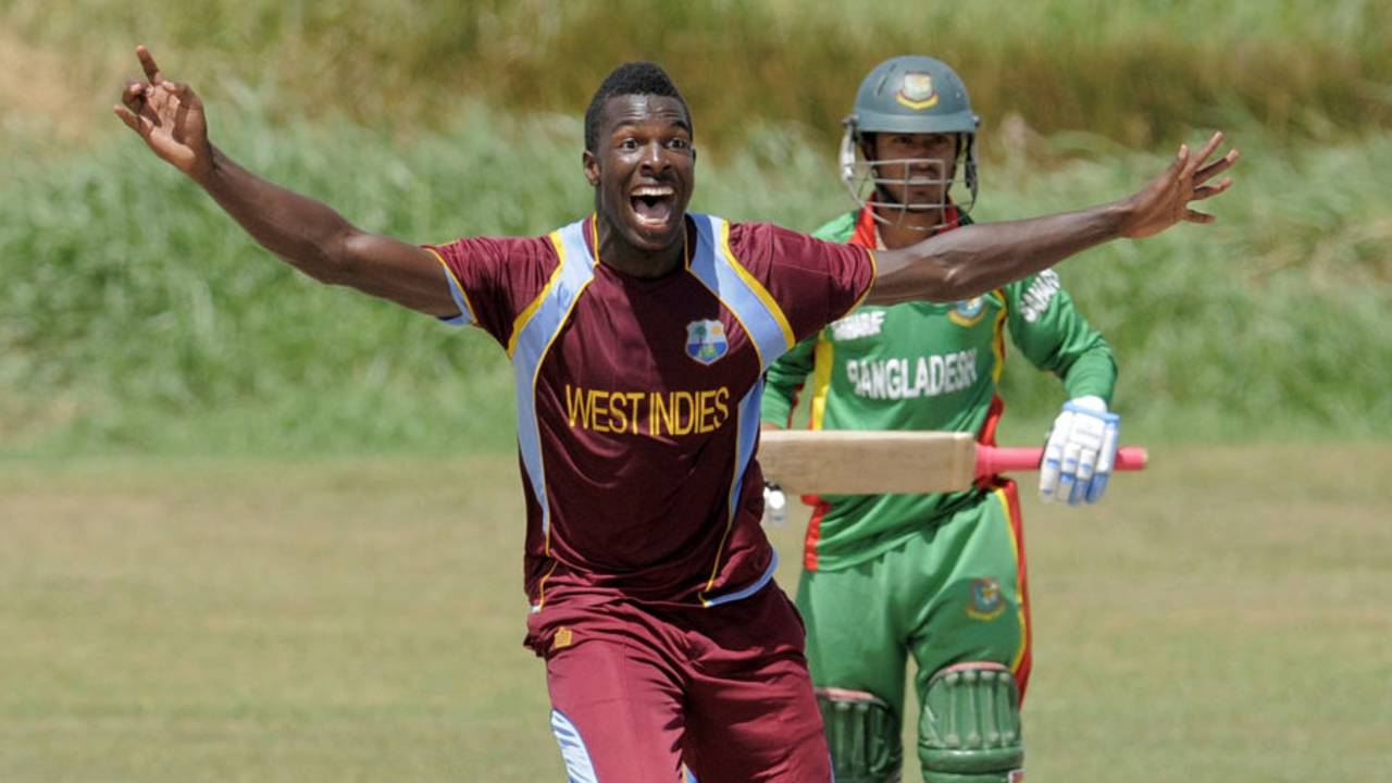 Jerome Jones celebrates his hat-trick, West Indies Under-19s v Bangladesh Under-19s, 7th Youth ODI, Guyana, October 21, 2013