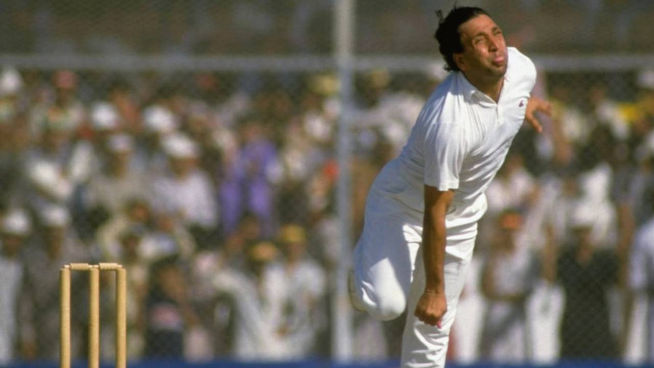 Abdul Qadir bowls during the World Cup Match against West Indies, October 30, 1987