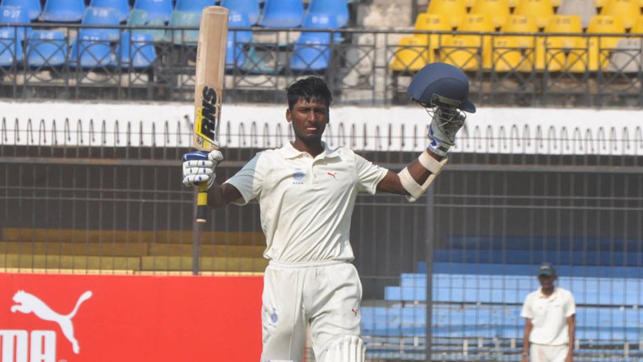 Satyam Choudhary celebrates his maiden double century, Madhya Pradesh v Railways, 2nd day, Group B, Ranji Trophy, October 28, 2013
