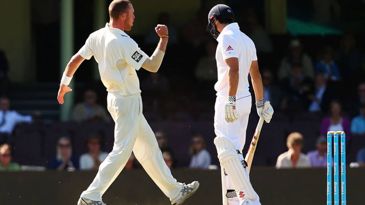 Alastair Cook became Nicholas Bills' third first-class wicket, Cricket Australia Invitational XI v England, Sydney, 2nd day, November 14, 2013