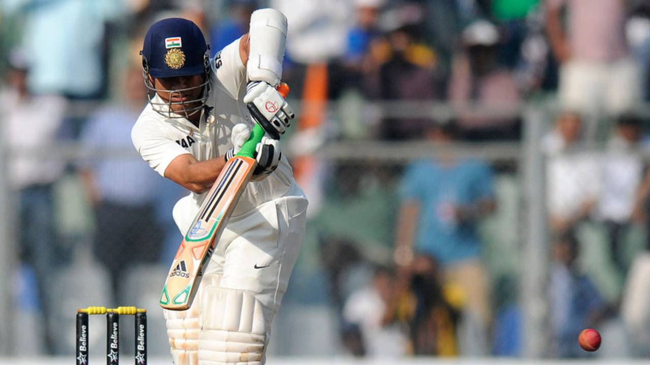 Sachin Tendulkar plays his trademark flick into the leg side, India v West Indies, 2nd Test, Mumbai, 1st day, November 14, 2013