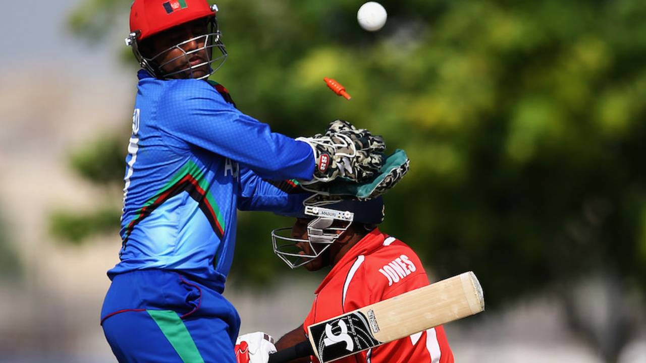 Bermuda's Malachi Jones misses the ball to be bowled, Afghanistan v Bermuda, ICC World T20 Qualifiers, Dubai, November 20, 2013