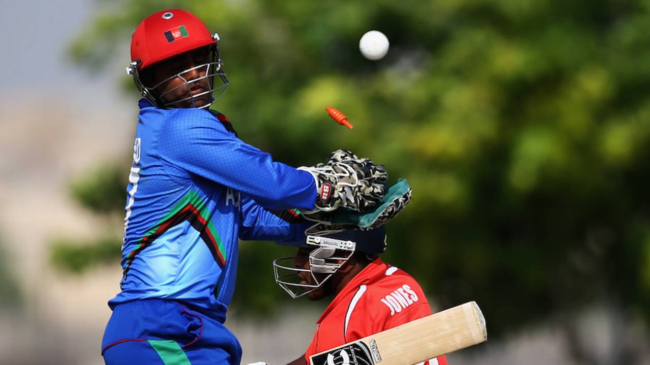 Bermuda's Malachi Jones misses the ball to be bowled, Afghanistan v Bermuda, ICC World T20 Qualifiers, Dubai, November 20, 2013