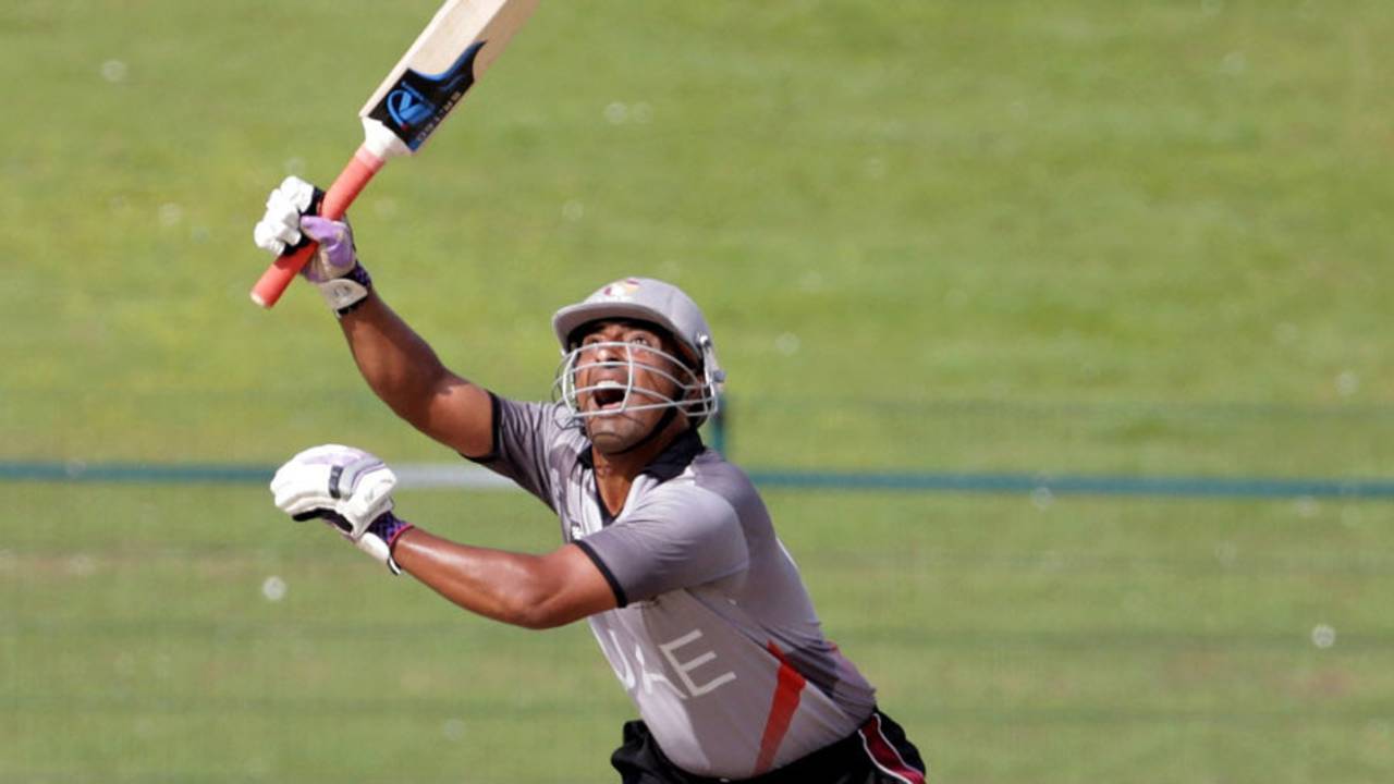 Mohammad Azam attempts a lofted shot, United Arab Emirates v Canada, World Twenty20 Qualifier, Group A, Abu Dhabi, November 22, 2013