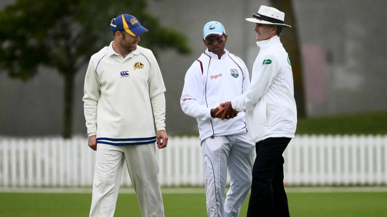 Shivnarine Chanderpaul and Aaron Redmond talk to Billy Bowden in between overs, New Zealand XI v West Indians, Tour match, 1st day, Lincoln, November 27, 2013