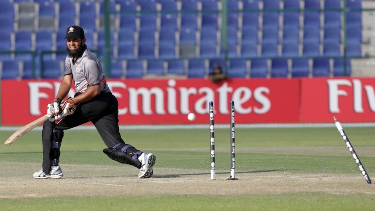 Mohammad Shafiq was bowled for 25, United Arab Emirates v Netherlands, quarter-final, ICC World Twenty20 Qualifier, Abu Dhabi, November 27, 2013
