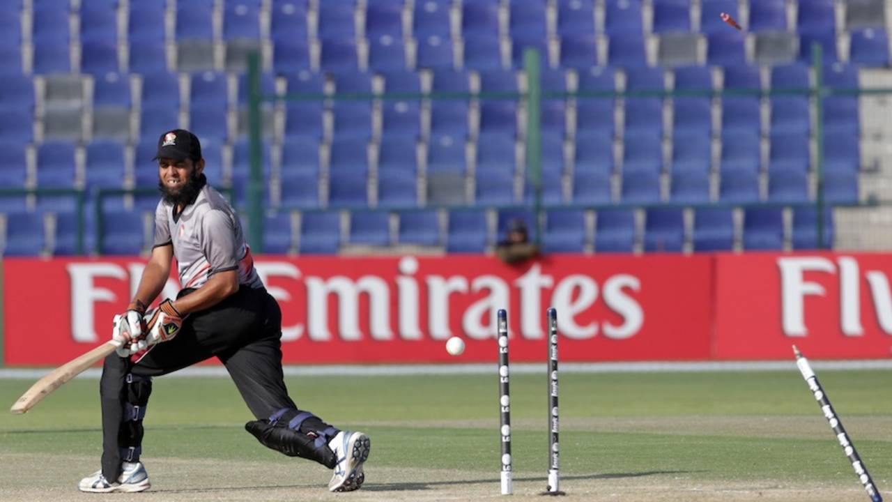 Mohammad Shafiq was bowled for 25, United Arab Emirates v Netherlands, quarter-final, ICC World Twenty20 Qualifier, Abu Dhabi, November 27, 2013