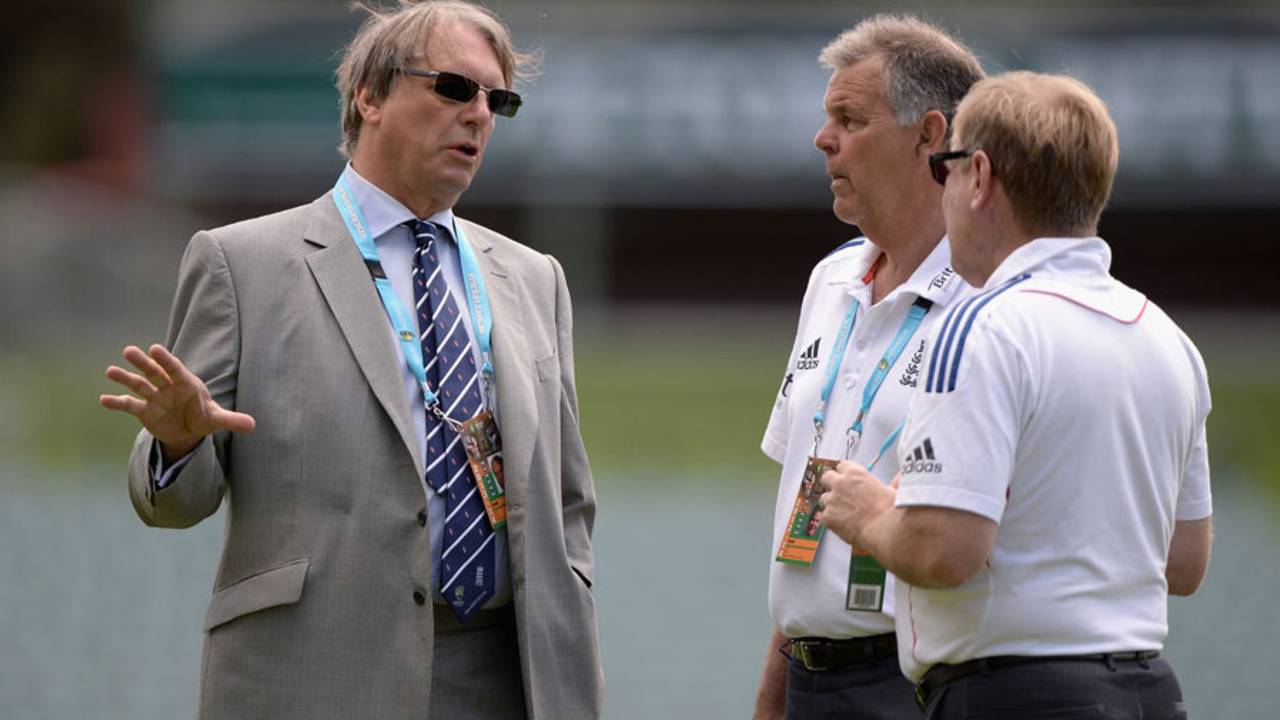 Giles Clarke talks to Geoff Miller and Hugh Morris, Adelaide, December 4, 2013