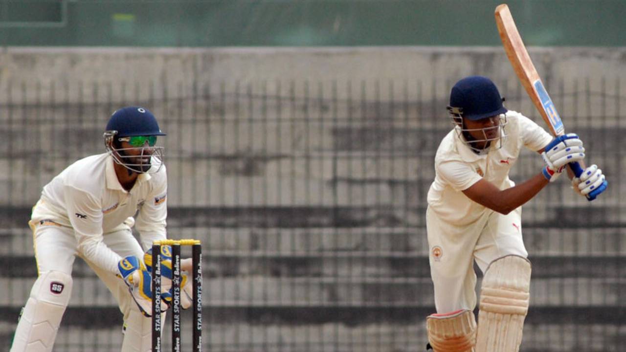 Baroda's Dhiren Mistry plays an on-drive, Tamil Nadu v Baroda, Ranji Trophy, Group B, Chennai, 1st day, December 6, 2013