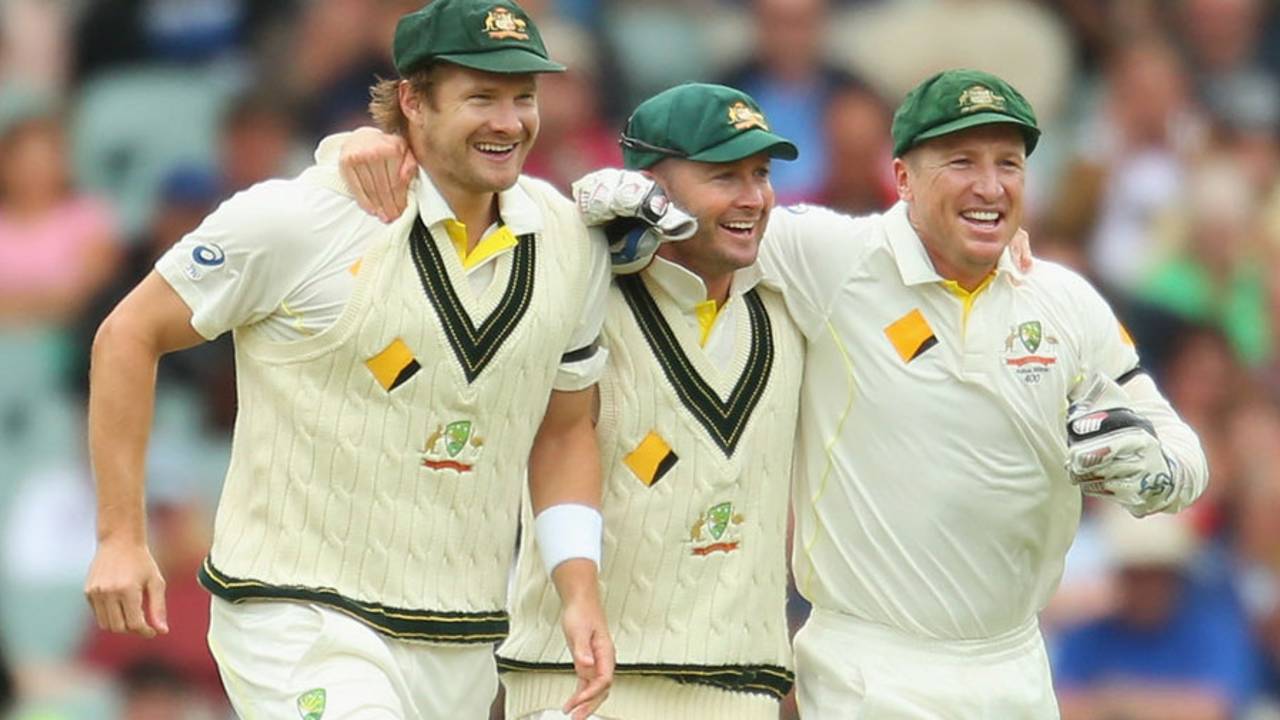 Shane Watson, Michael Clarke and Brad Haddin enjoy the moment of victory, Australia v England, 2nd Test, Adelaide, 5th day, December 9, 2013