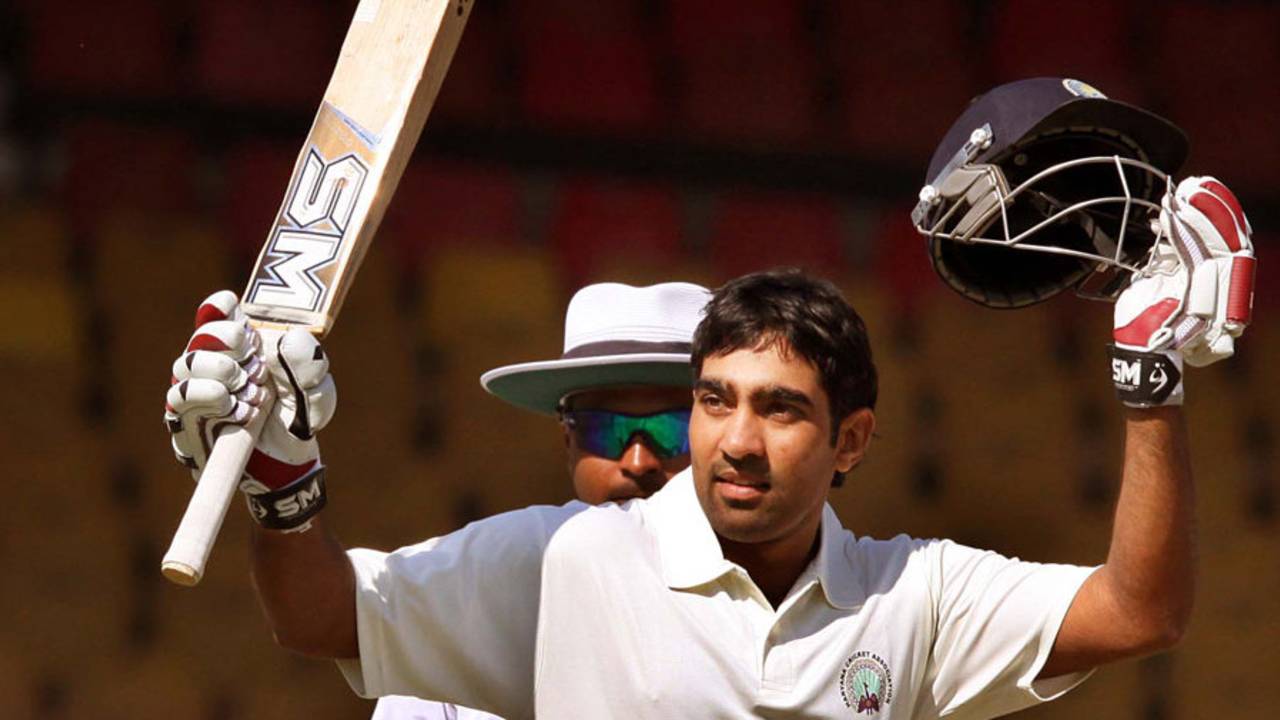 Sunny Singh acknowledges the crowd after reaching a double-century, Gujarat v Haryana, Ranji Trophy 2013-14, Group A, 2nd day, Ahmedabad, December 15, 2013