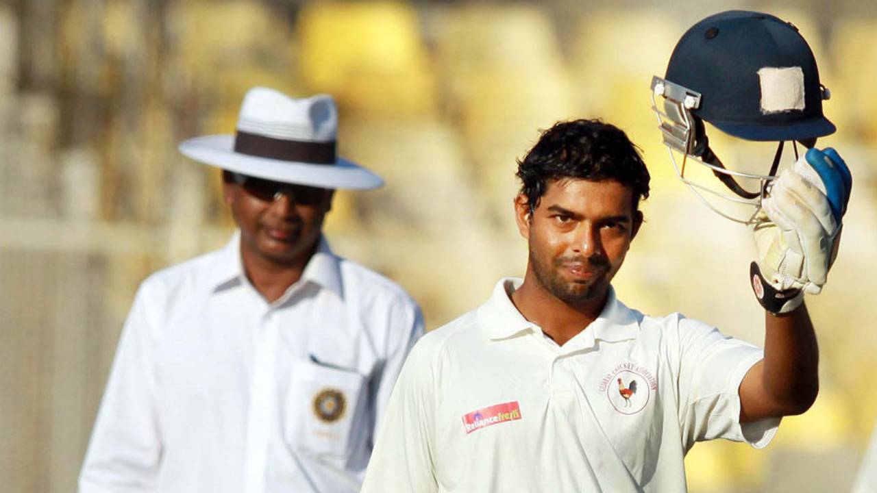 Bhargav Merai celebrates his second first-class century, Gujarat v Haryana, Ranji Trophy 2013-14, Group A, 3rd day, Ahmedabad, December 16, 2013