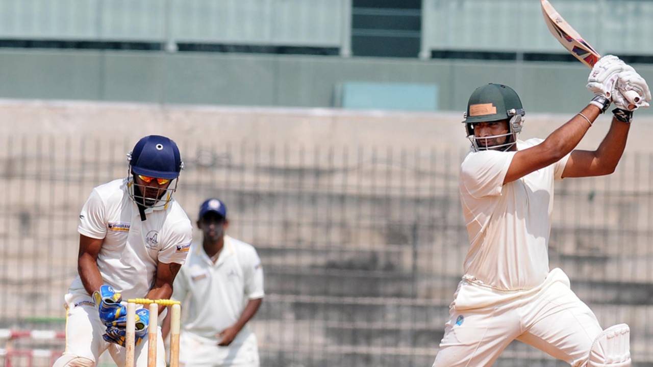 Rajesh Bishnoi cuts during his half-century, Tamil Nadu v Rajasthan, Ranji Trophy 2013-14, Group B, 4th day, Chennai, December 25, 2013