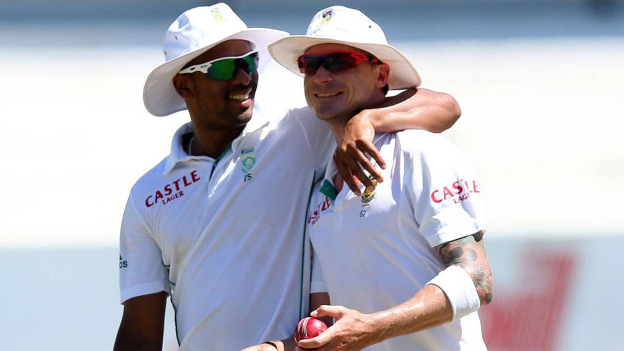 Vernon Philander and Dale Steyn share a laugh after India are bowled out, South Africa v India, 2nd Test, Durban, 4th day, December 29, 2013