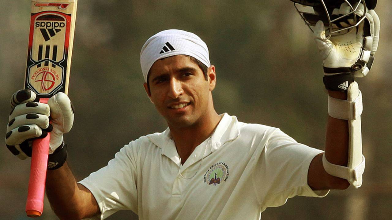 Rahul Dewan celebrates his double-century, Odisha v Haryana, Ranji Trophy 2013-14, Group A, 3rd day, Bhubaneswar, January 1, 2014
