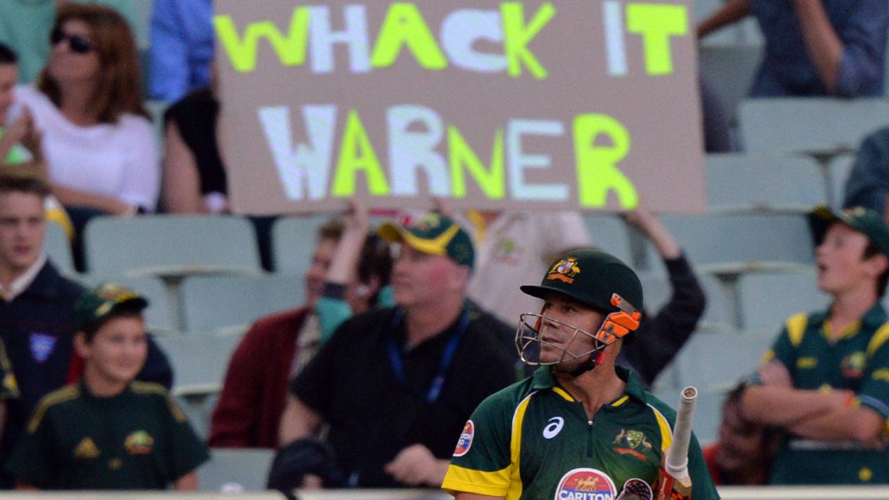David Warner waits for the decision over his caught behind, Australia v England, 1st ODI, Melbourne, January 12, 2014