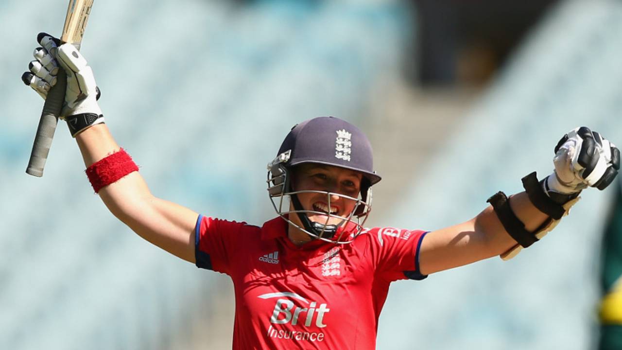 Arran Brindle celebrates England's winning runs, Australia v England, 1st ODI, Melbourne, January 19, 2014