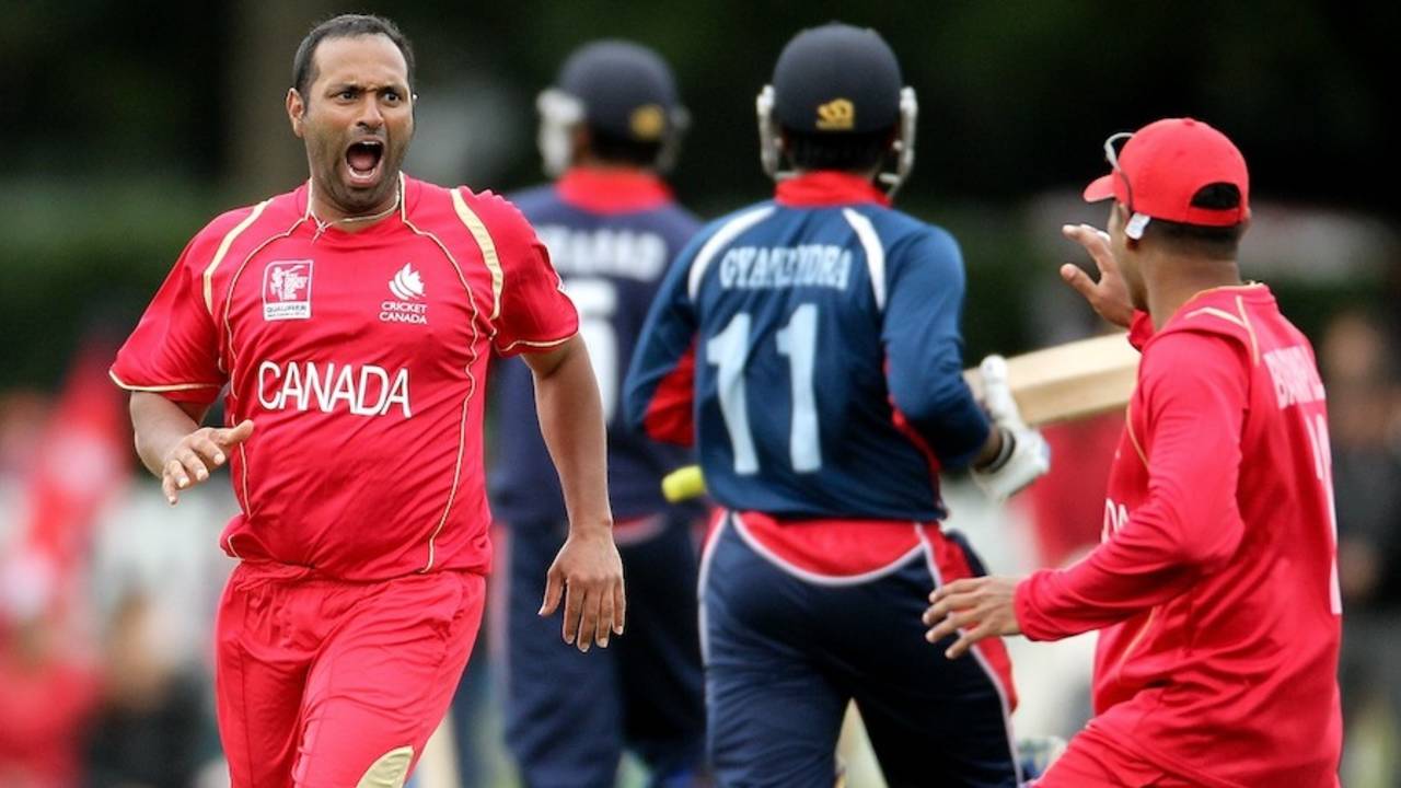 Khurram Chohan is pumped up after a wicket, Canada v Nepal, ICC World Cup Qualifier, Group A, Christchurch, January 21, 2014