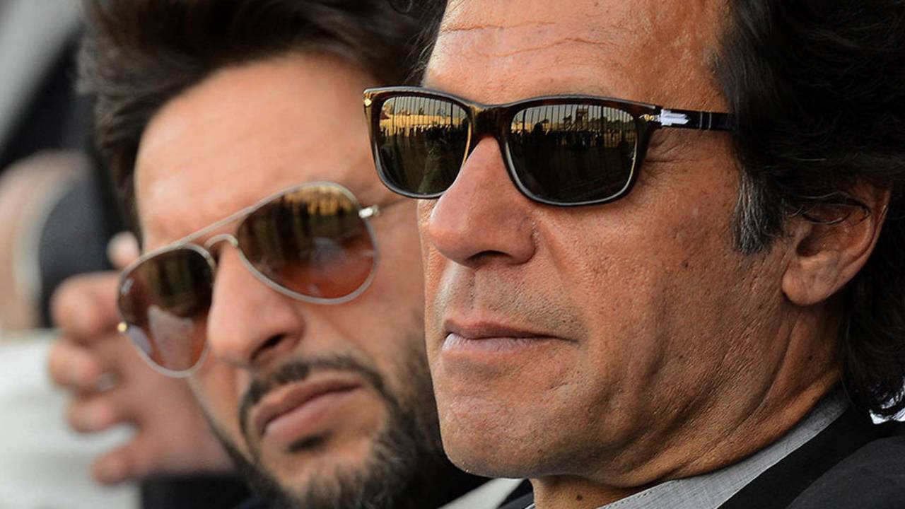 Imran Khan and Shahid Afridi attend the launch of a cricket talent hunt, Peshawar, January 25, 2014