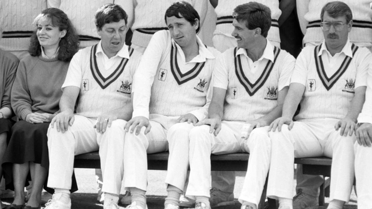 Michael Bore, Derek Randall, Bruce French and Eddie Hemmings at a squad photo for Nottinghamshire, Trent Bridge, 1987