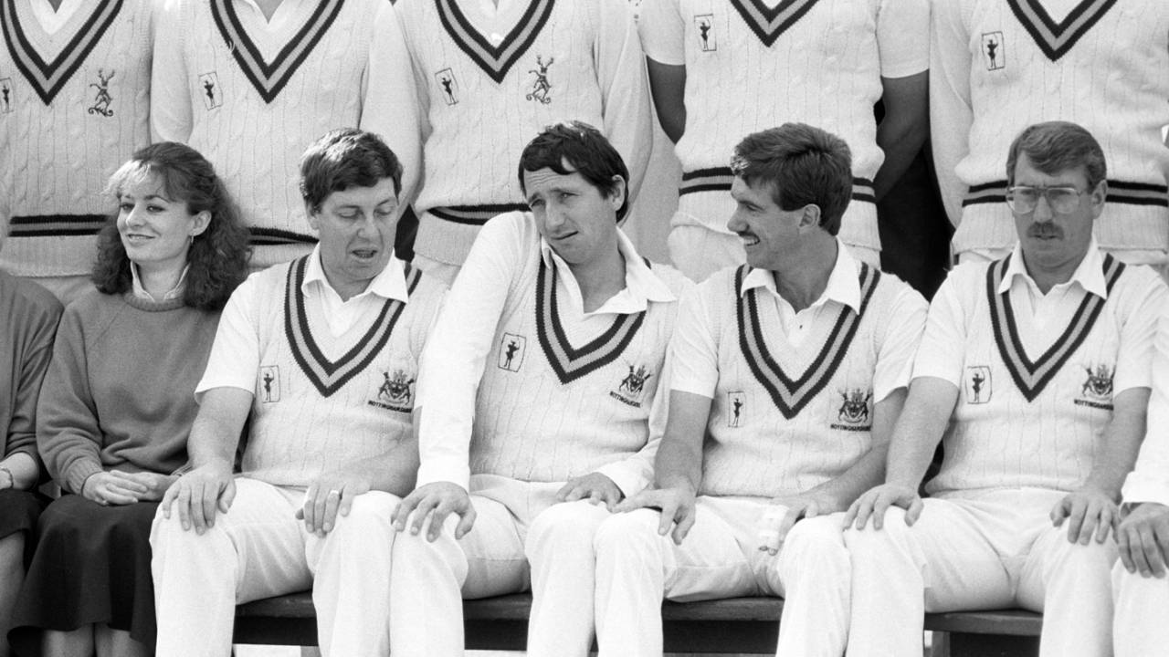 Michael Bore, Derek Randall, Bruce French and Eddie Hemmings at a squad photo for Nottinghamshire, Trent Bridge, 1987