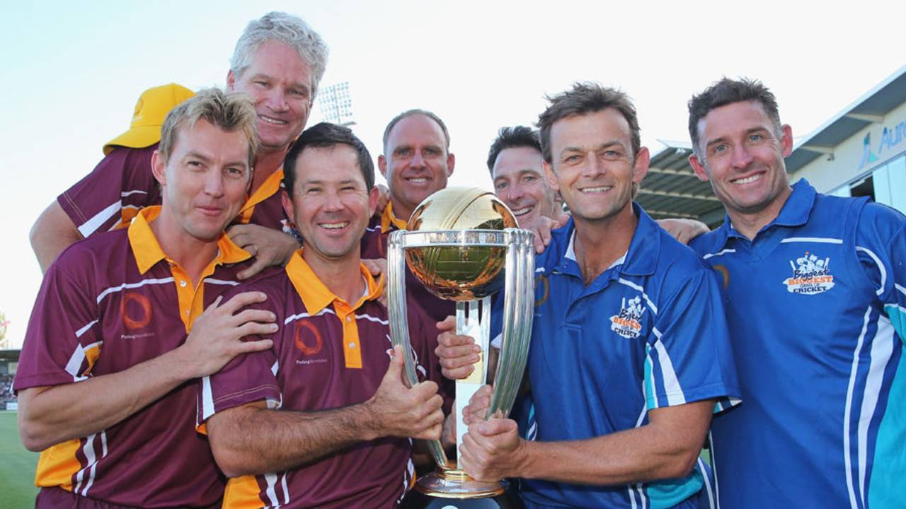 Australia's former World Cup winners pose with the trophy during the Ricky Ponting Tribute Match, Launceston, January 30, 2014