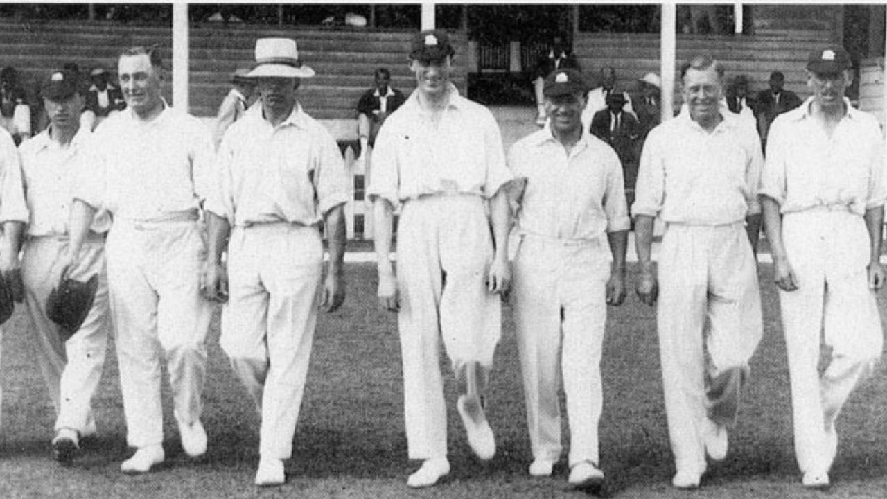 The Hon Freddie Calthorpe leads England onto the field. L-r Les Ames, Patsy Hendren, Andy Sandham, Wilfred Rhodes, Bob Wyatt, Calthorpe, Jack O'Connor, Ewart Astill, Nigel Haig, George Gunn, Bill Voce, West Indies v England, Barbados, January 11, 1930 