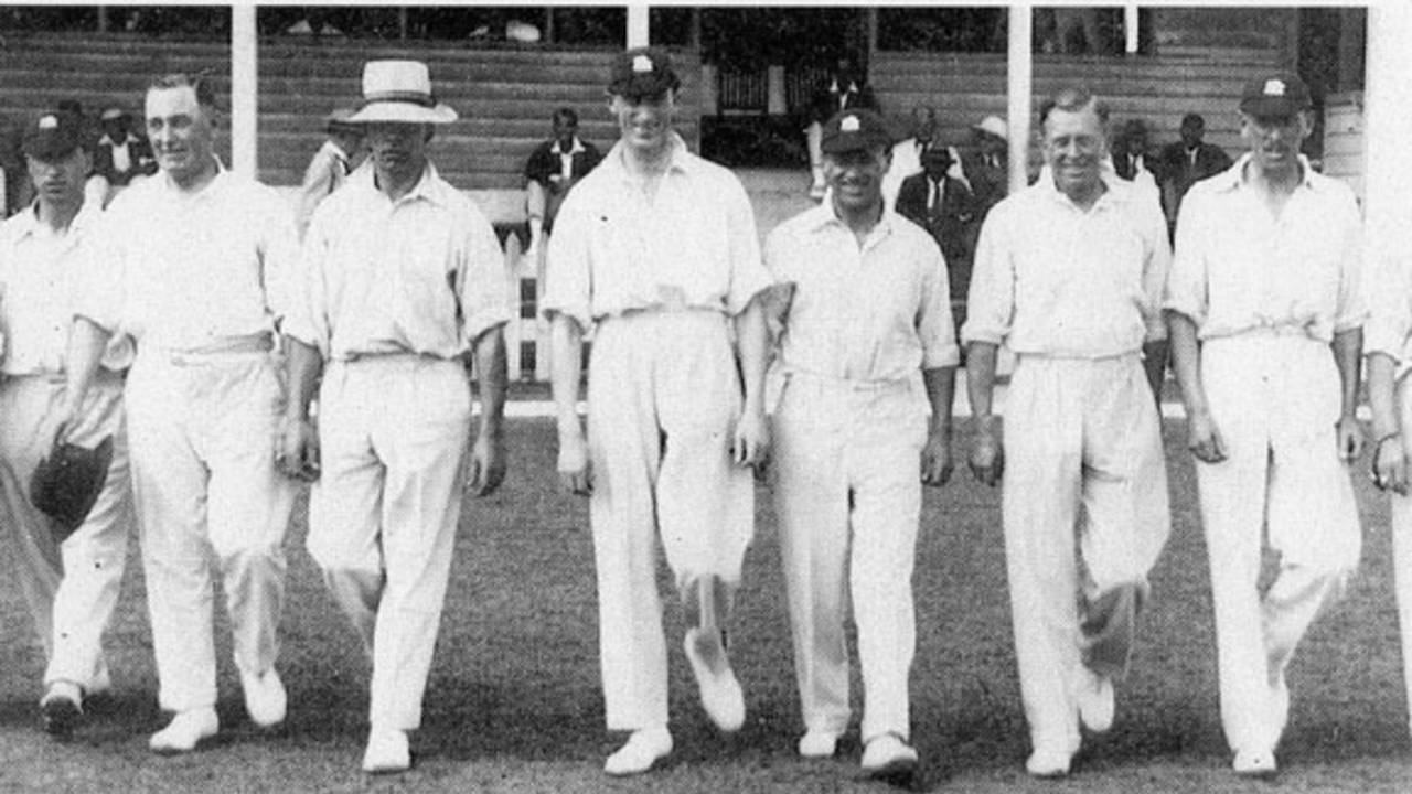 The Hon Freddie Calthorpe leads England onto the field
