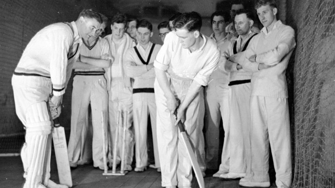 Gerald Smithson (left) and Brian Close display their batting stances at a cricket school at Headingley, April 16, 1949