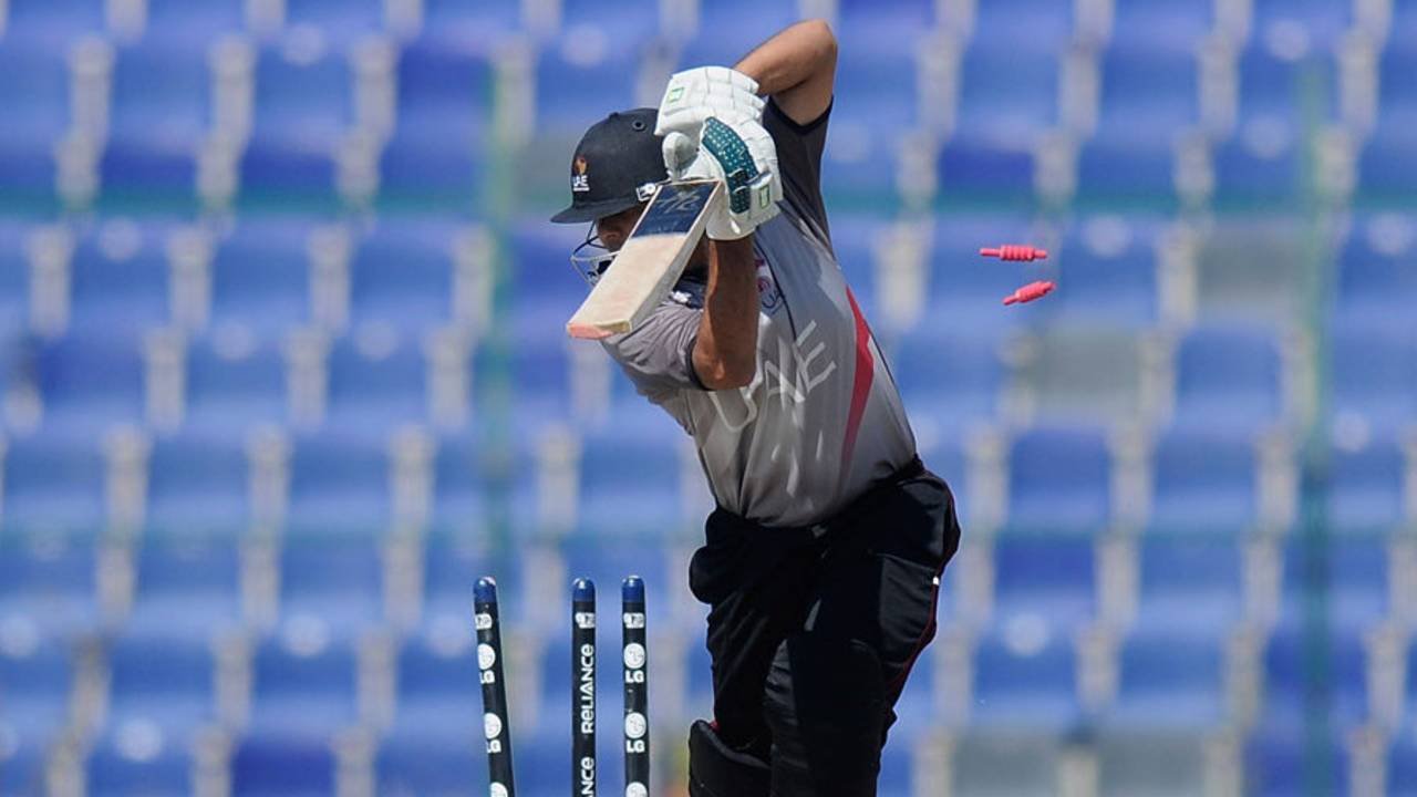 Shorye Chopra is bowled, United Arab Emirates Under-19s v England Under-19s, ICC Under-19 World Cup, Abu Dhabi, February 14, 2014